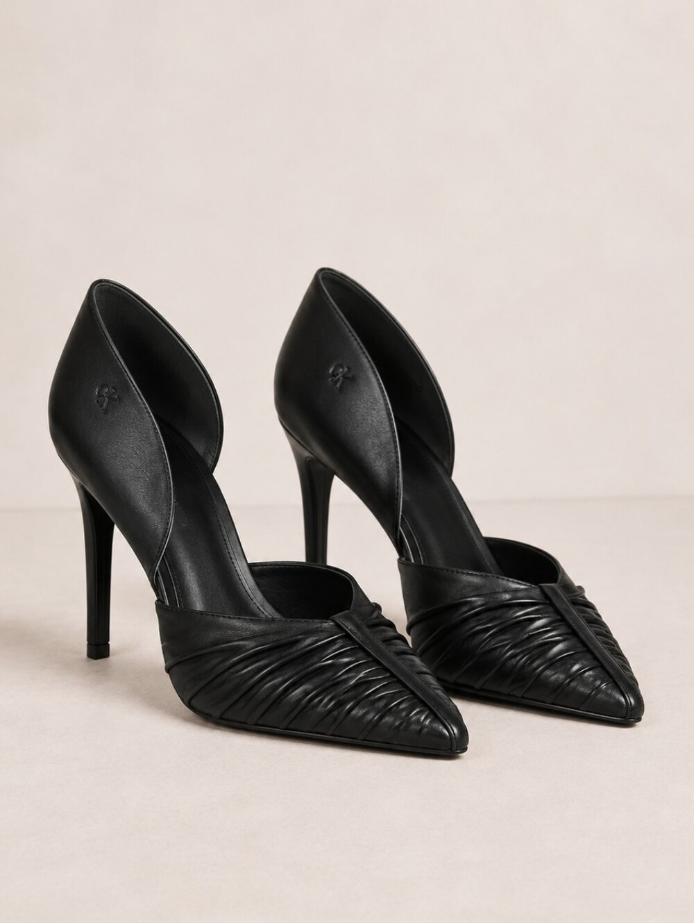 CK Black Ruched Pointed Toe Stiletto Heels Designer Dress Pumps - Picture 3 of 11